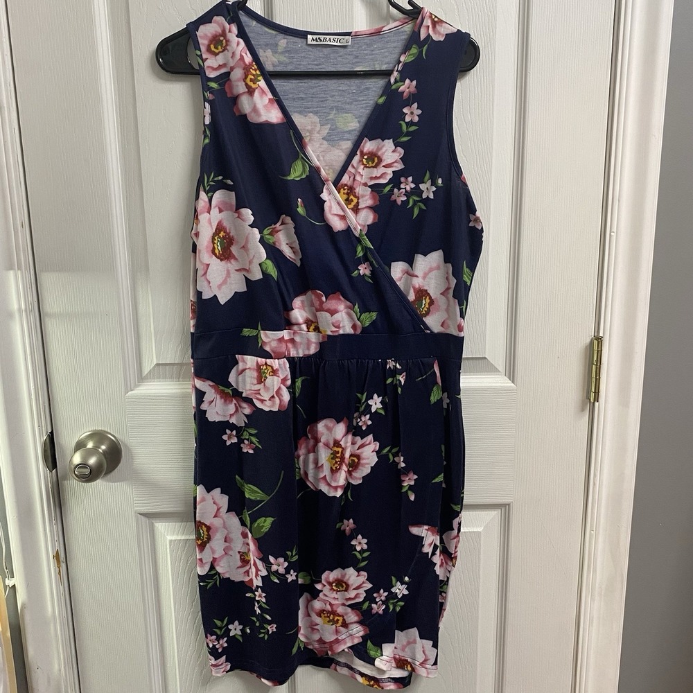 MC Basic Women's Wrap Dress Floral Sz.L Navy With Pink And Green Flowers
